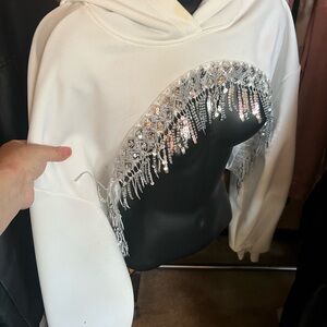 SHEIN White Hoodie with Silver Sequin Fringe